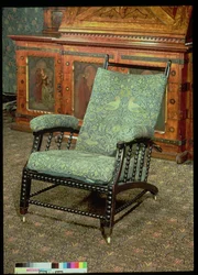 ウィリアム・モリスによる椅子、オリジナルのウール製タペストリー「バード」張り、1870年頃